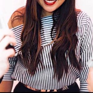 Zara Off Shoulder Striped Top Blue White Medium